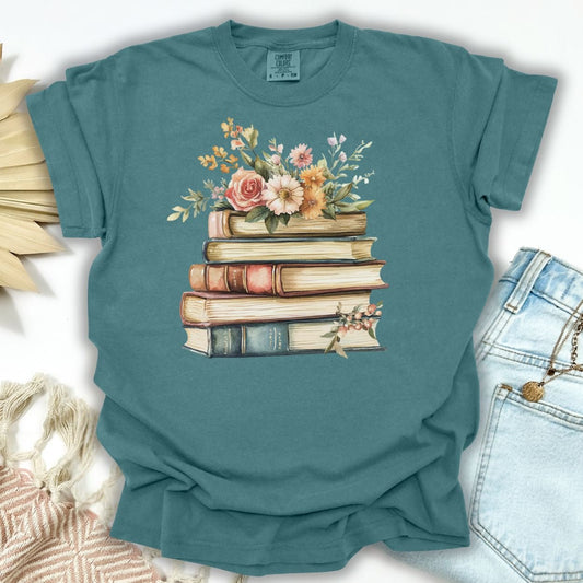 Vintage Books & Summer Flowers T-Shirt