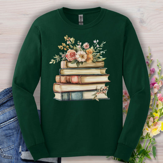 Forest Green long sleeve tee with a stack of vintage books blooming with delicate summer flowers.
