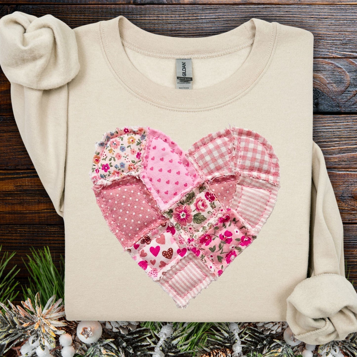 Vintage Floral Faux Patchwork Heart Sweatshirt