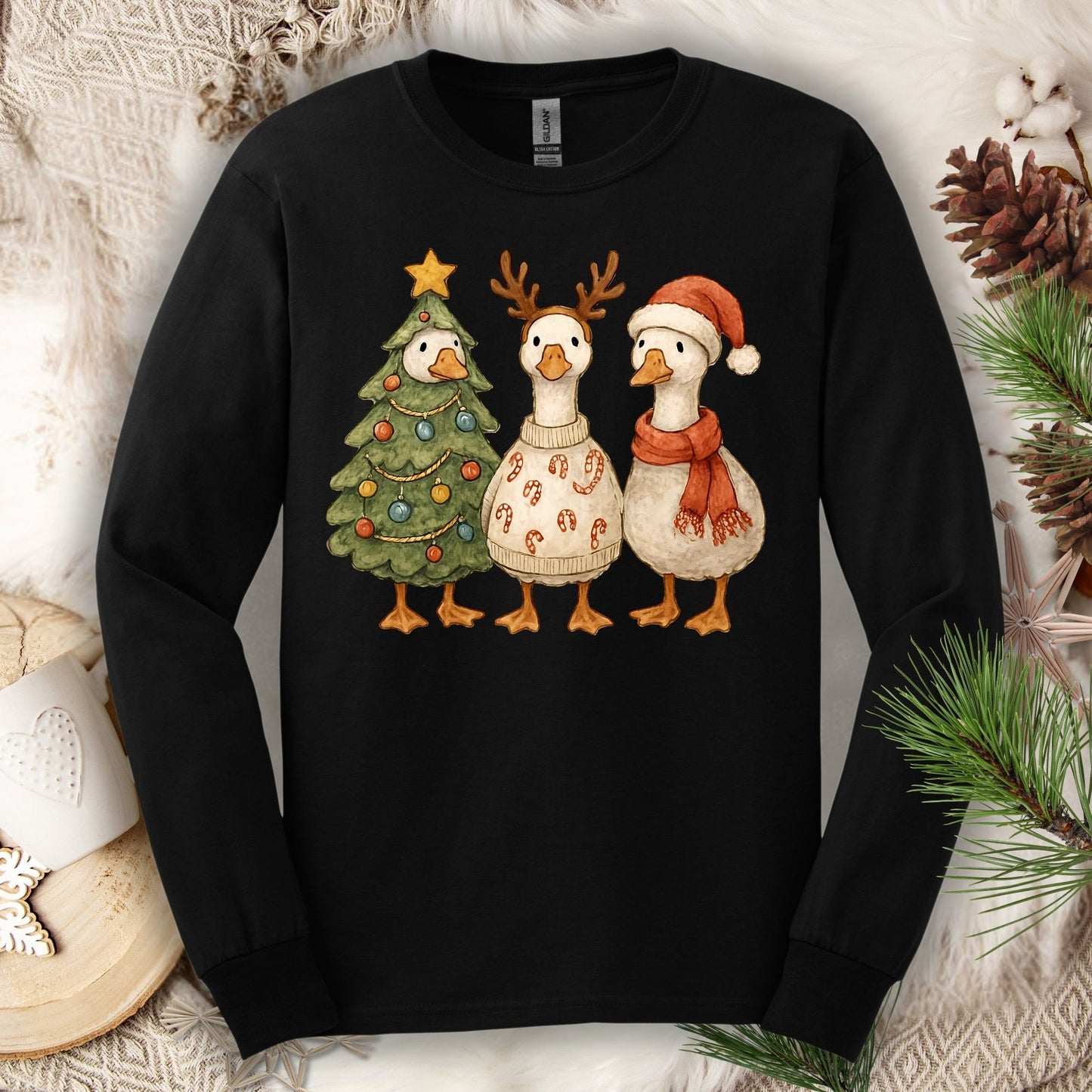 Vintage Funny Christmas Geese Trio Long Sleeve Tee