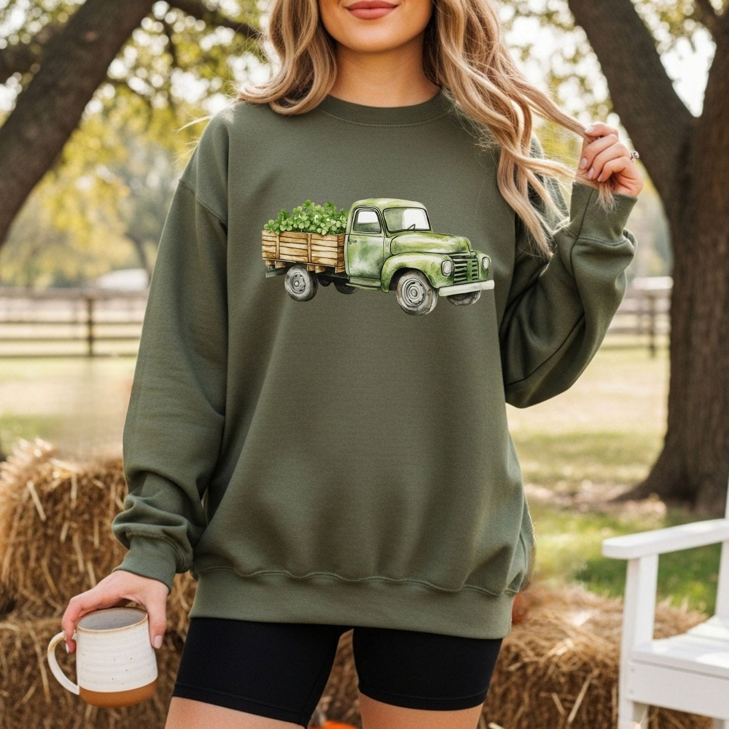Vintage Green Truck with Irish Clover Sweatshirt