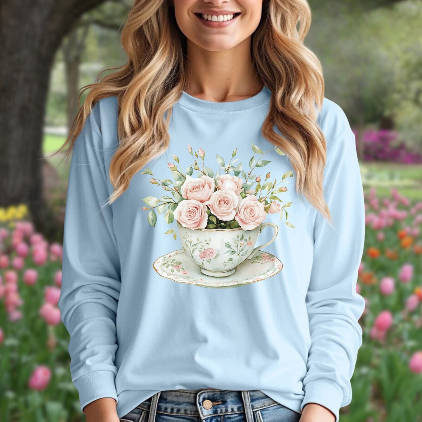 Vintage Rose Bouquet Teacup Long Sleeve Tee