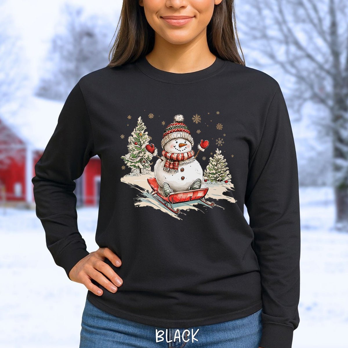 Vintage Sledding Snowman Long Sleeve Tee