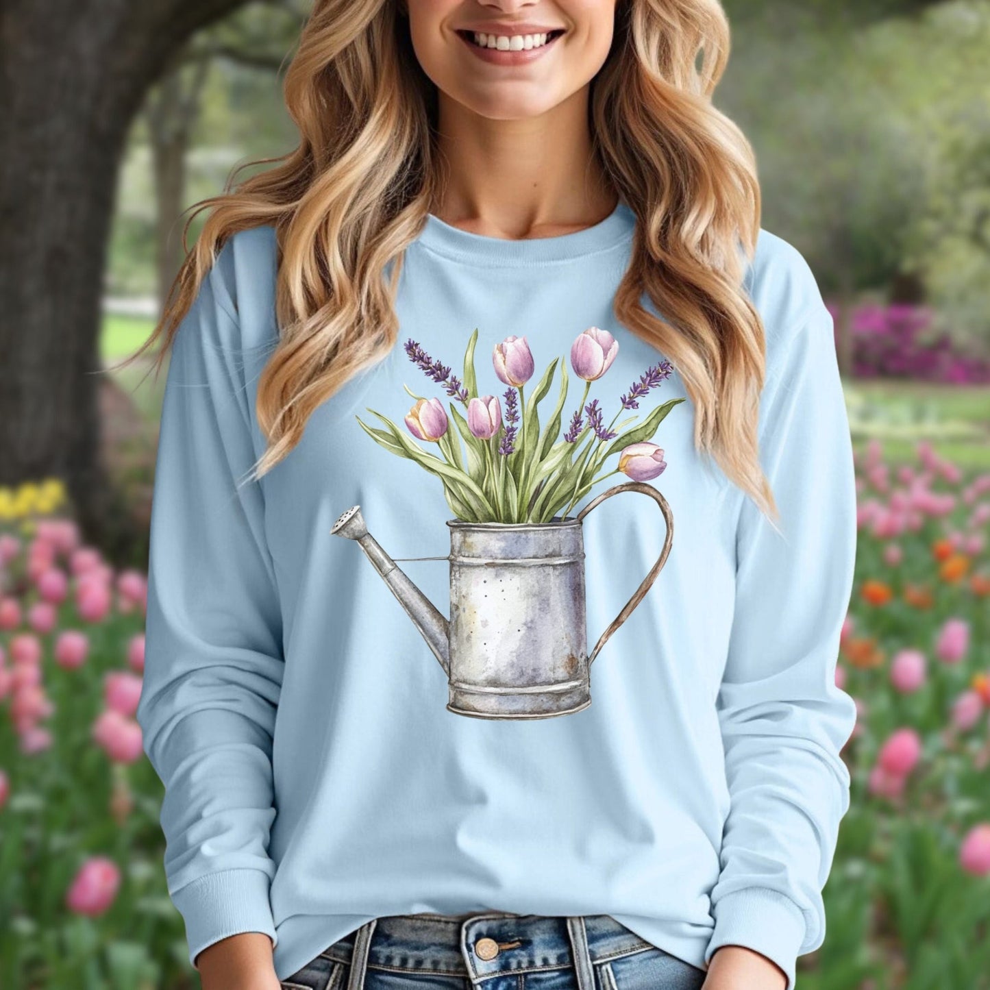 Vintage Watering Can with Spring Tulips Long Sleeve Tee