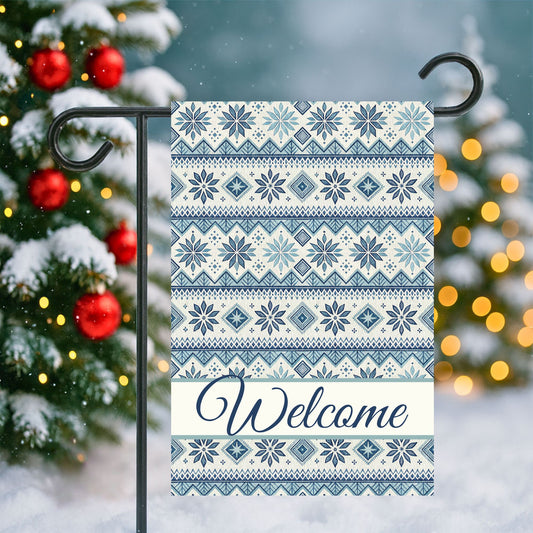 Welcome Blue Fair Isle Pattern Garden Flag