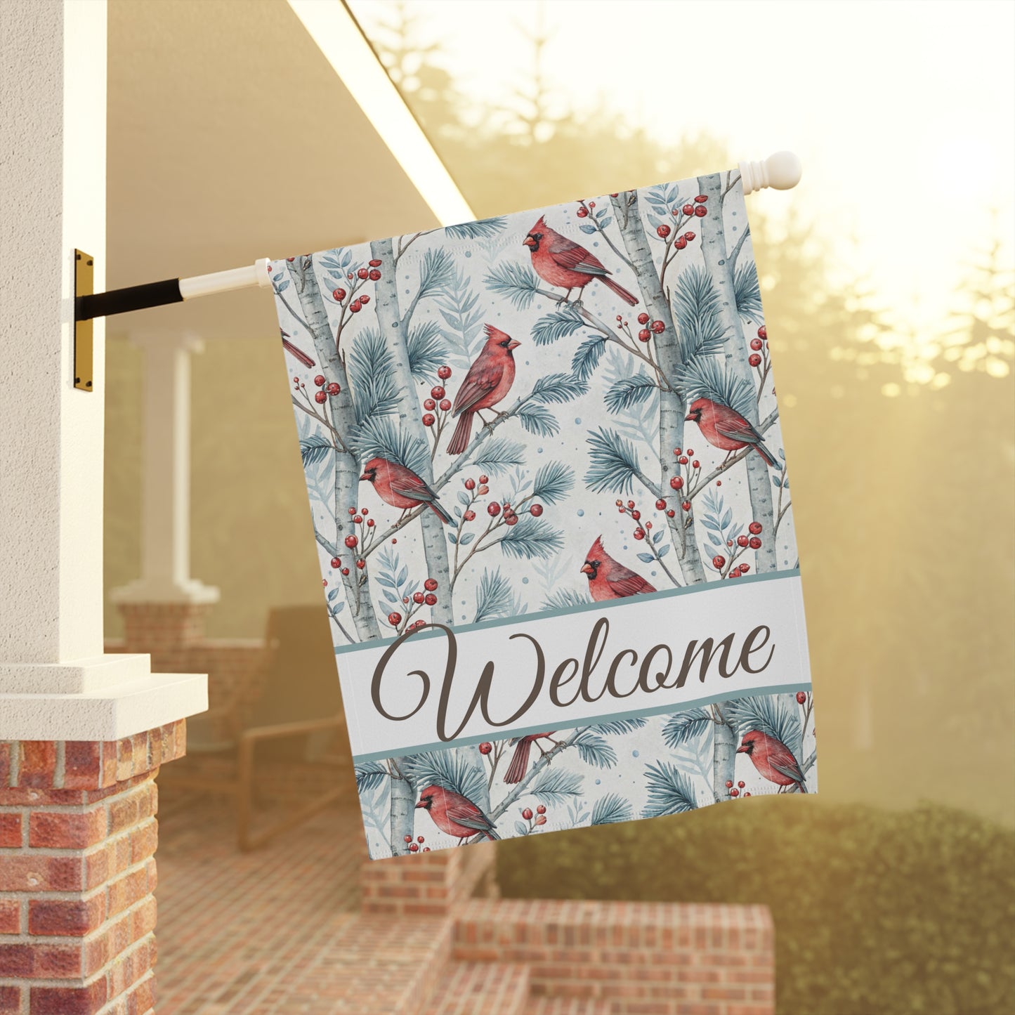 Welcome Cardinal in Snowy Birch Trees Garden Flag