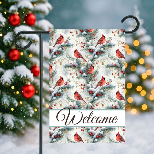 Welcome Cardinal in Snowy Evergreens Garden Flag
