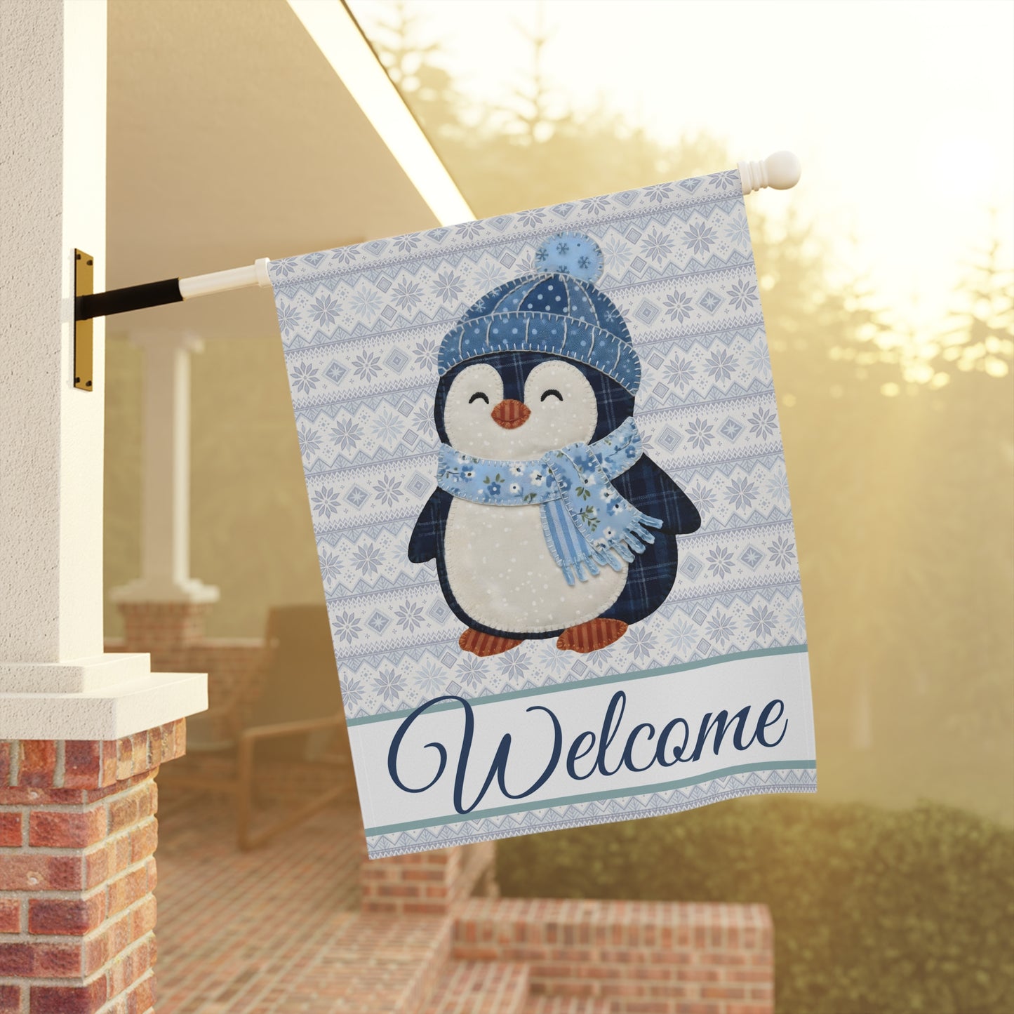 Fair Isle patchwork penguin garden flag with "Welcome" script, poly poplin-canvas, 12" × 18" or 24.5" × 32".