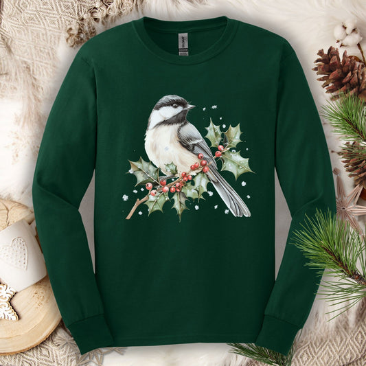 Winter Black Capped Chickadee on Holly Branch Long Sleeve Tee