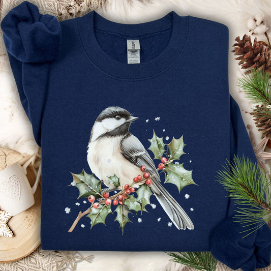 Winter Chickadee on Holly Branch Sweatshirt