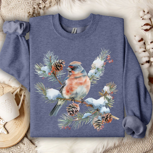 Winter Eastern Bluebird on Snowy Evergreen Sweatshirt