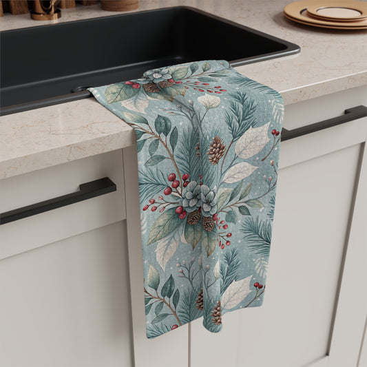 Winter Foliage with Pinecones & Berries Microfiber Tea Towel