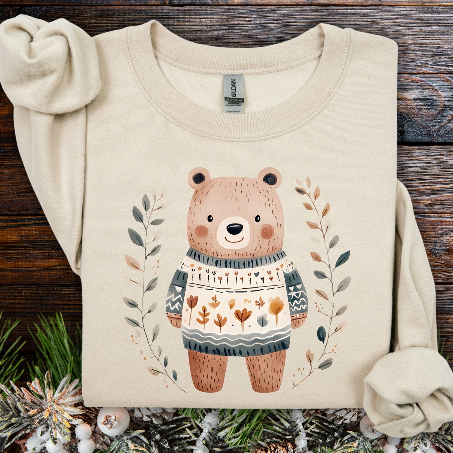 Winter Folk Art Brown Bear Sweatshirt