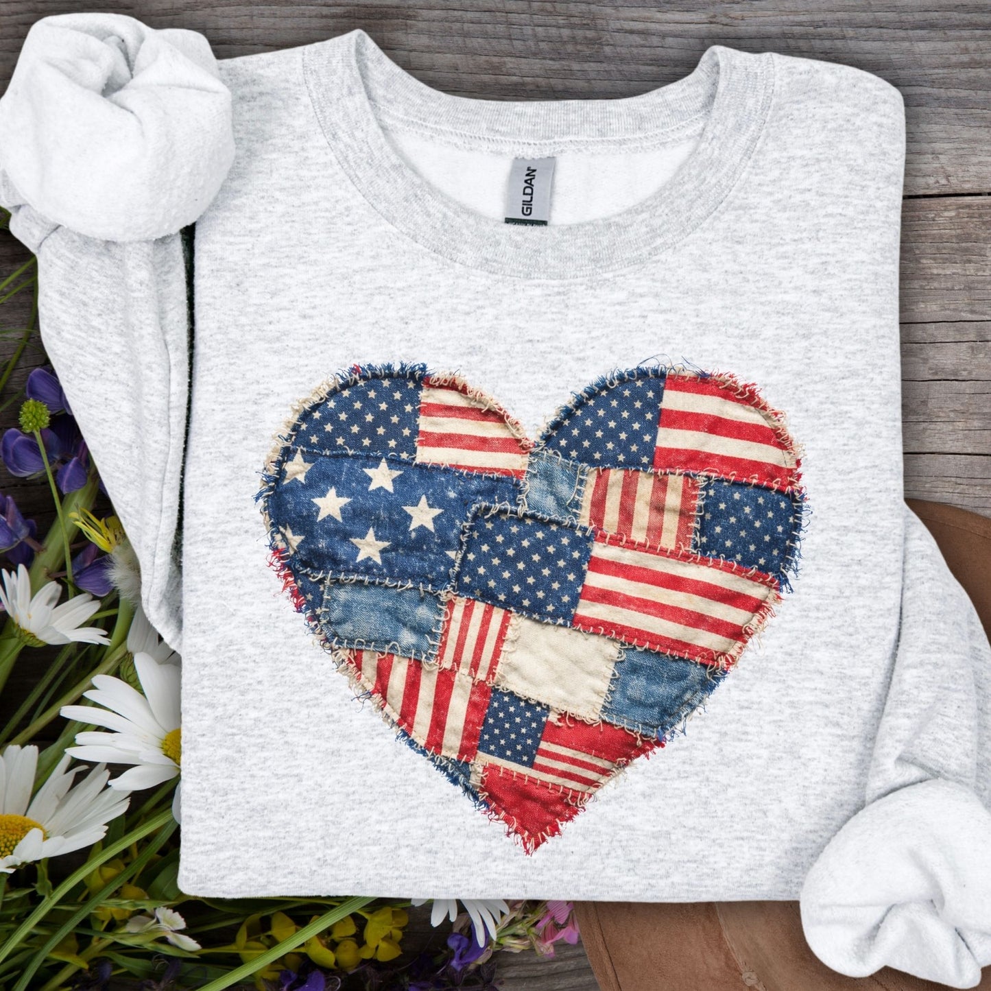Patriotic Faux Patchwork Flag Heart Sweatshirt