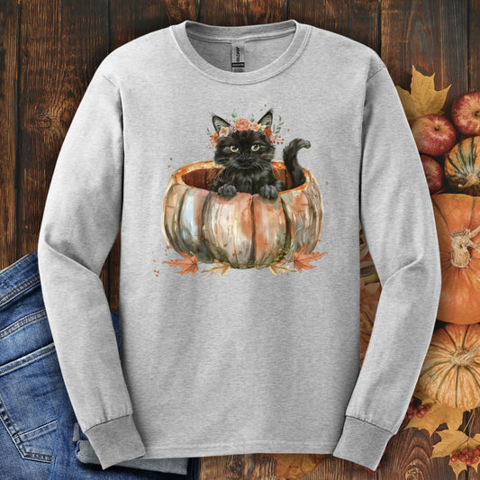 Black Boho Kitten in Pumpkin Halloween Long Sleeve Tee
