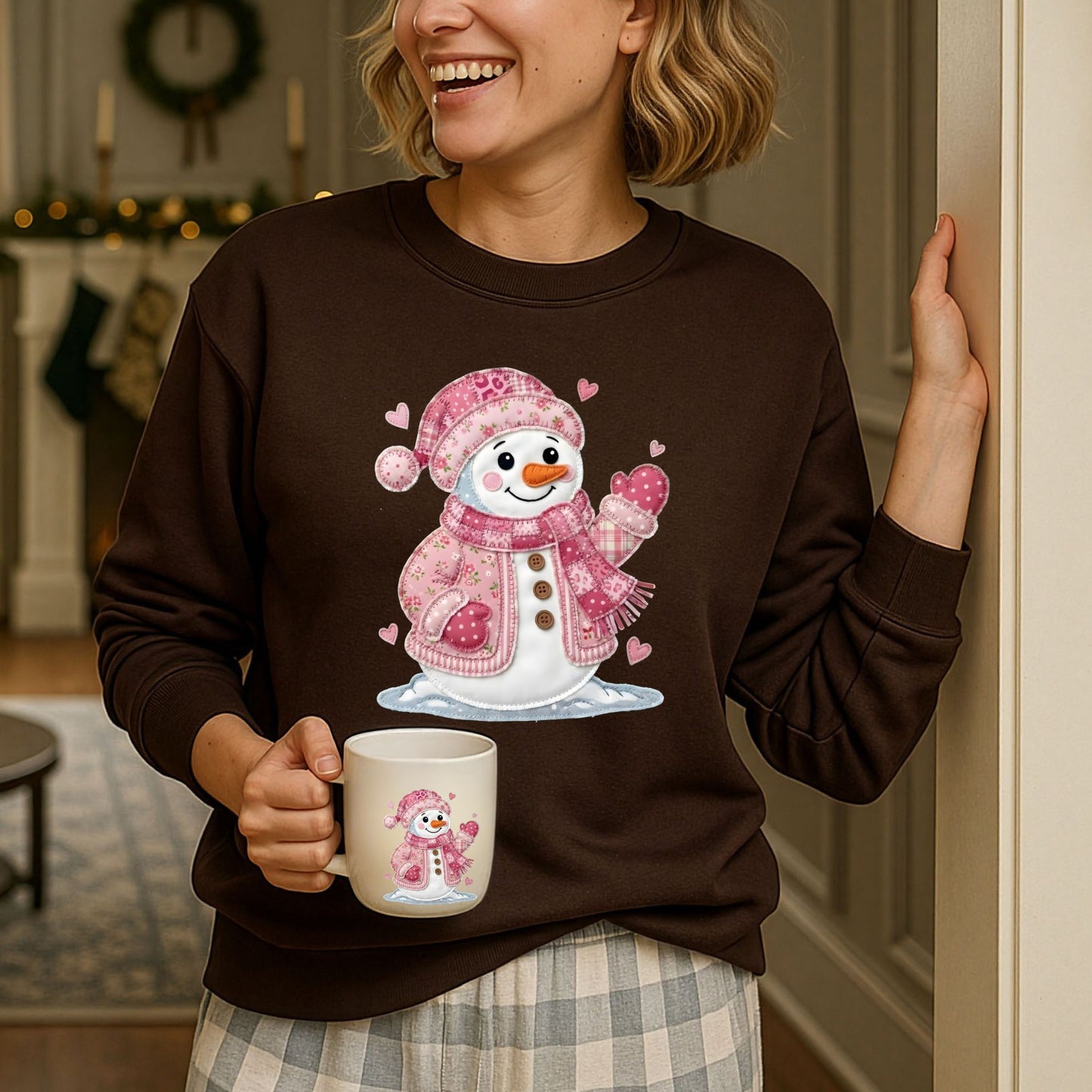Pink Faux Patchwork Valentine's Snowman Sweatshirt