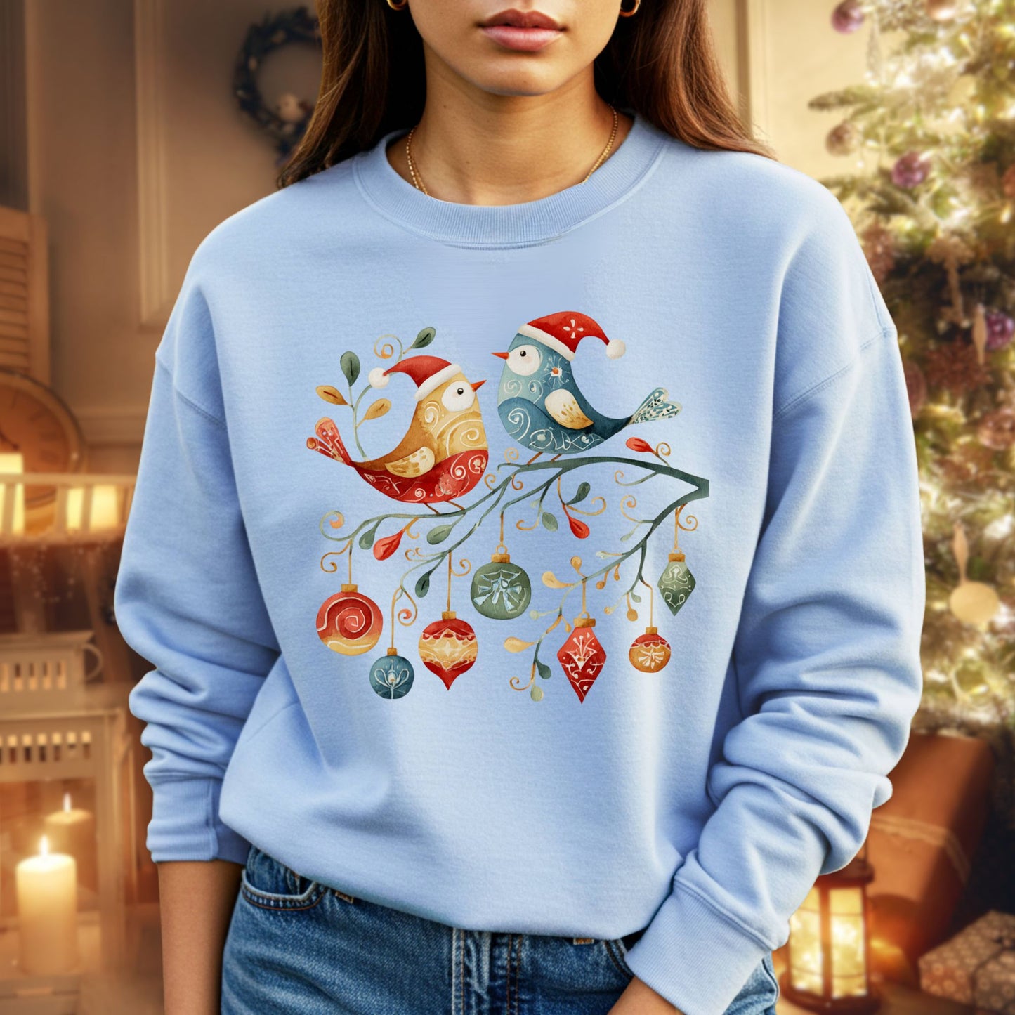 Folk Art Christmas Birds Sweatshirt