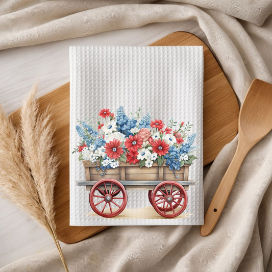 Patriotic Floral Gardening Wagon Tea Towel