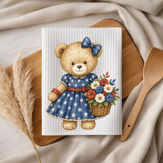 Patriotic Teddy Bear Girl with Floral Basket Tea Towel