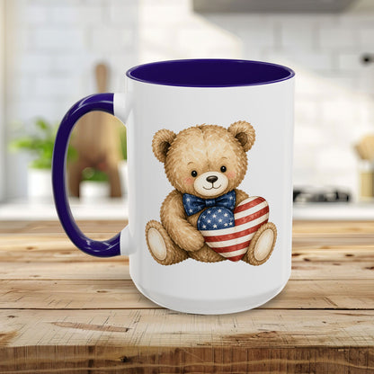 Patriotic Teddy Bear with American Flag Heart Mug (11/15oz)