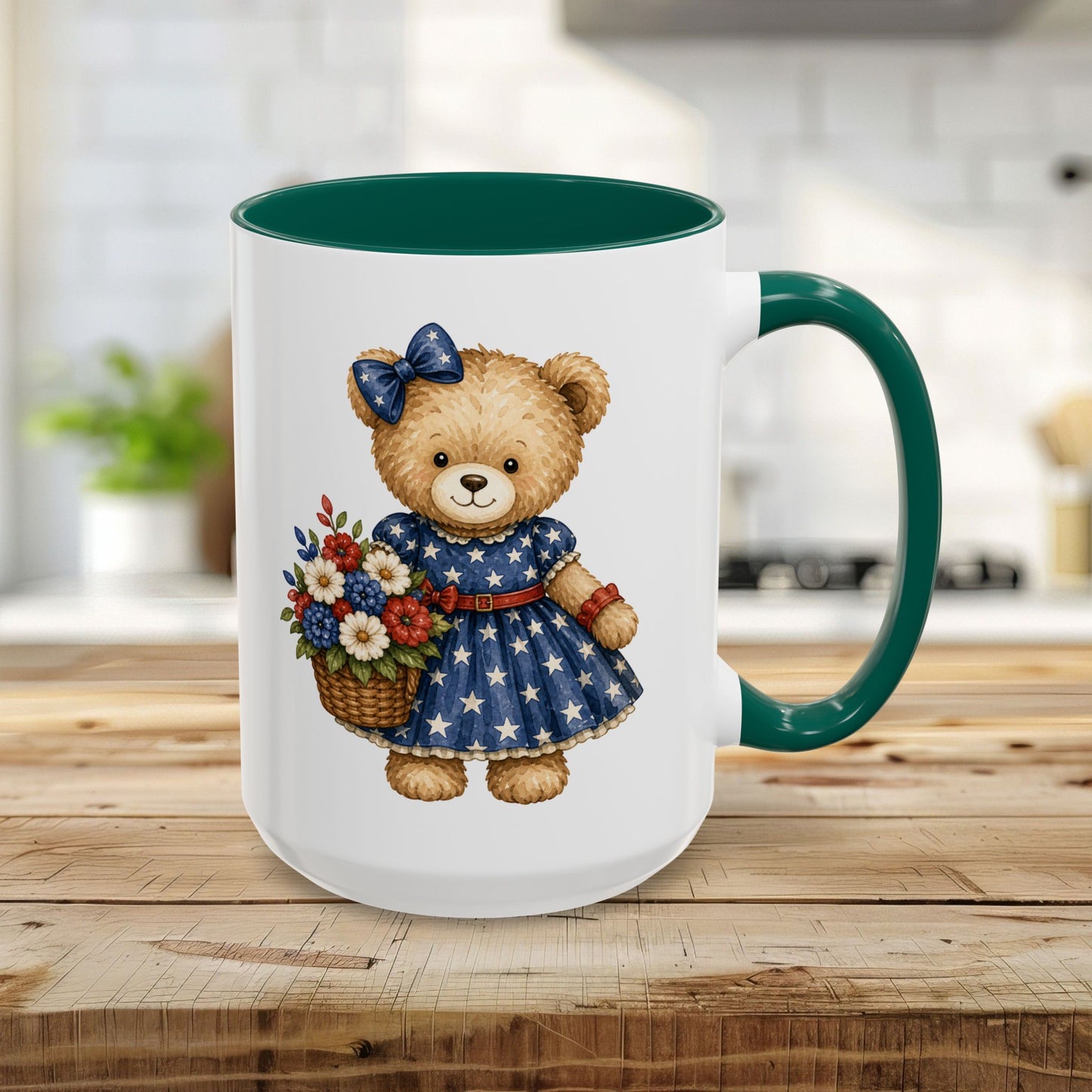 Patriotic Teddy Bear Girl with Floral Basket Mug (11/15oz)