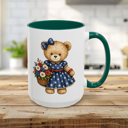 Patriotic Teddy Bear Girl with Floral Basket Mug (11/15oz)