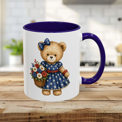 Patriotic Teddy Bear Girl with Floral Basket Mug (11/15oz)