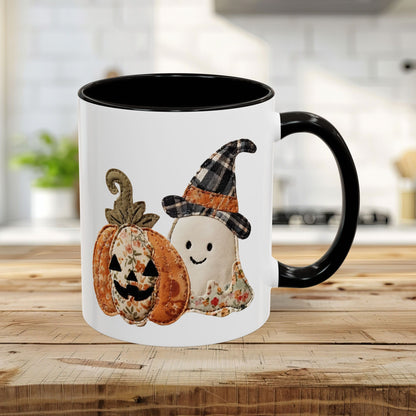 Patchwork Halloween Ghost & Jack-O'-Lantern Mug (11oz/15oz)