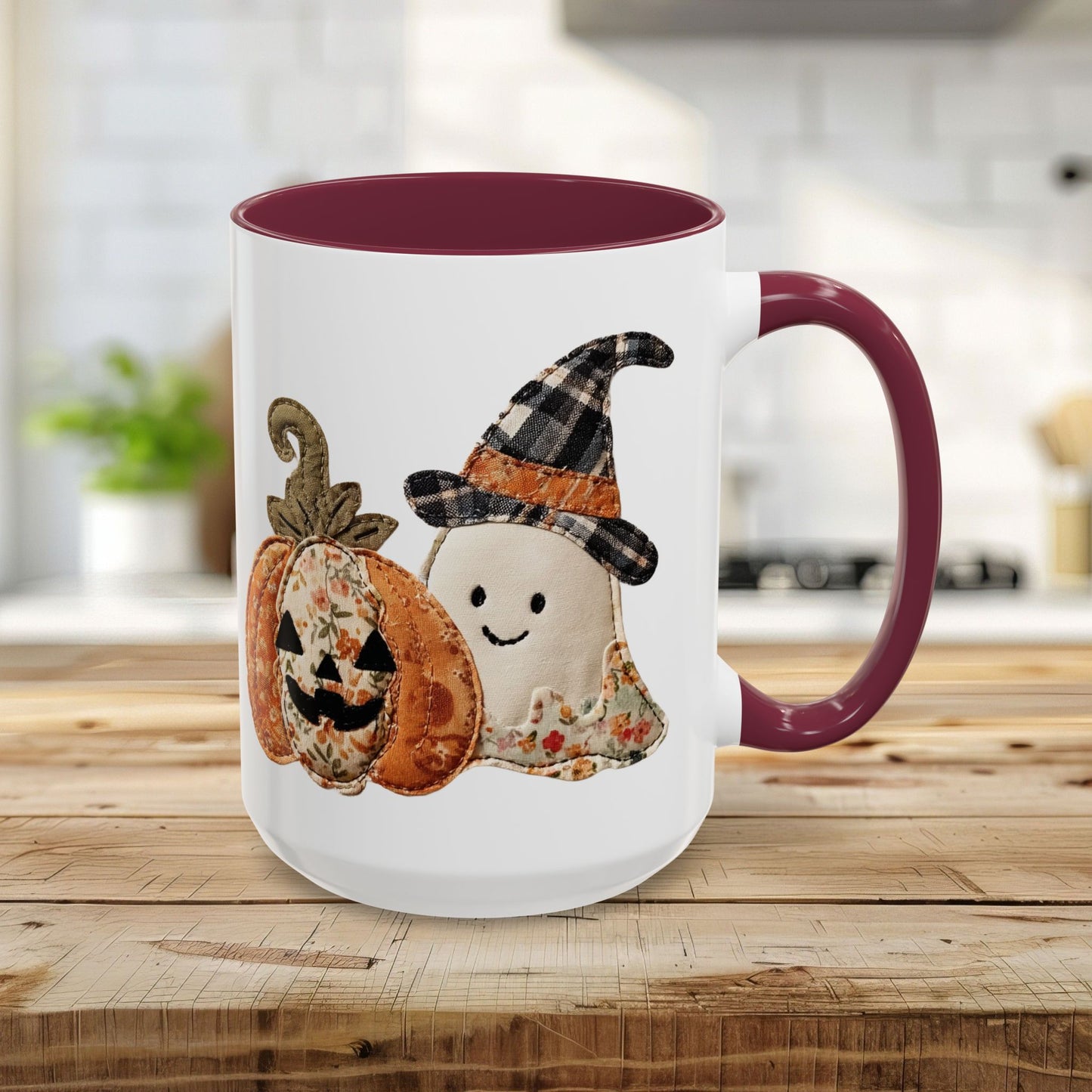 Patchwork Halloween Ghost & Jack-O'-Lantern Mug (11oz/15oz)