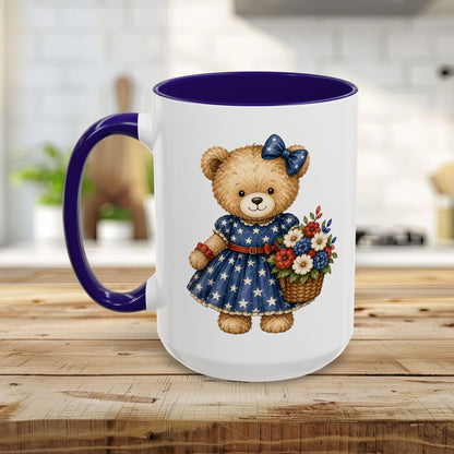 Patriotic Teddy Bear Girl with Floral Basket Mug (11/15oz)