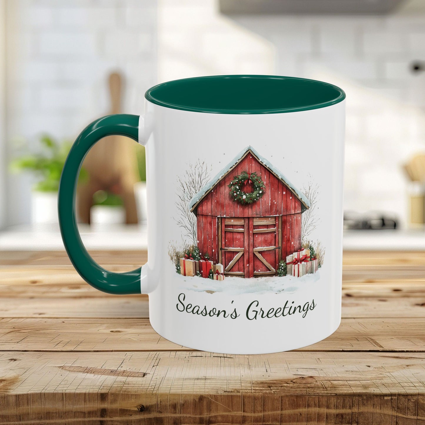 Snowy Christmas Red Barn with Gifts Mug (11/15oz)