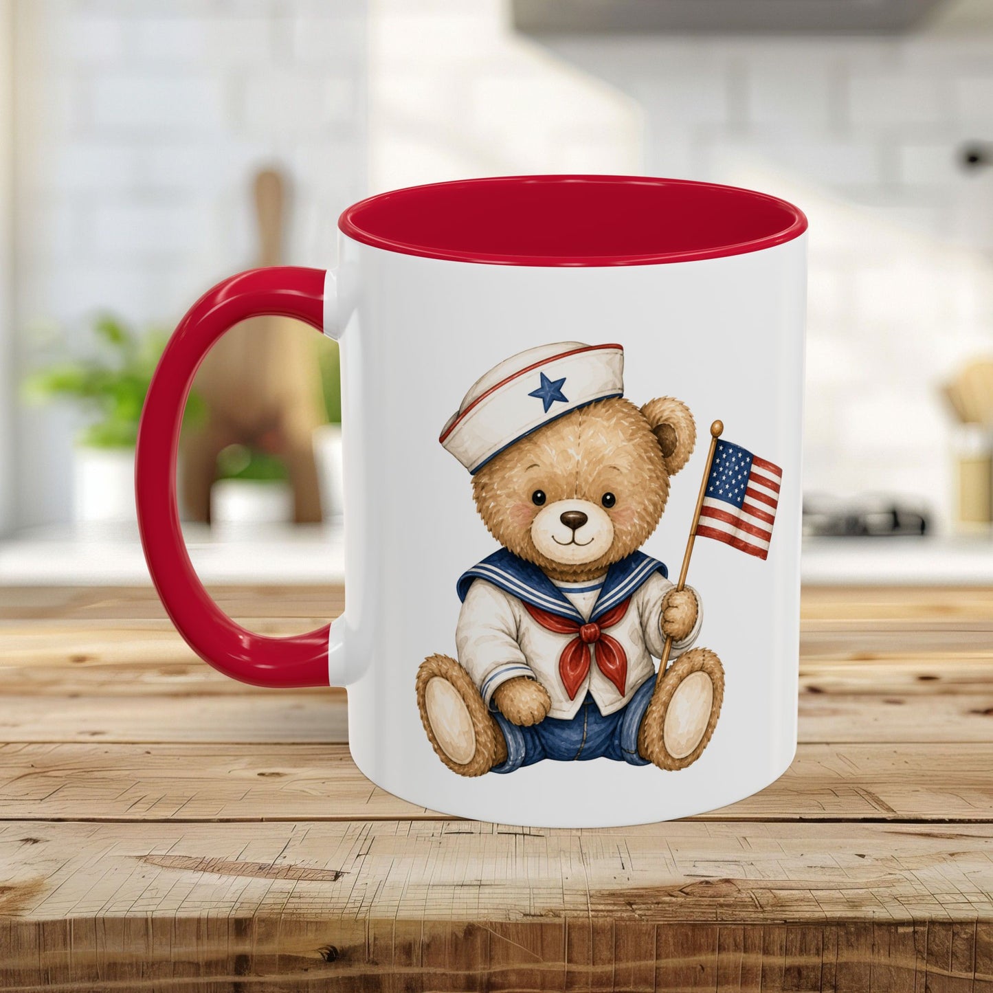 Patriotic Teddy Bear Sailor with Flag Mug (11/15oz)