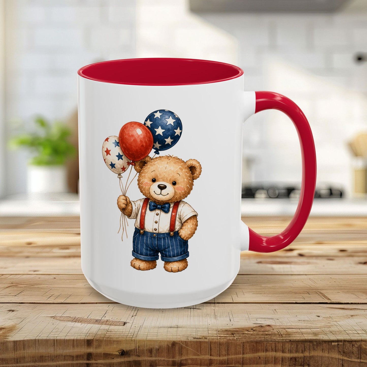 Patriotic Teddy Bear with Star Balloons Mug (11/15oz)