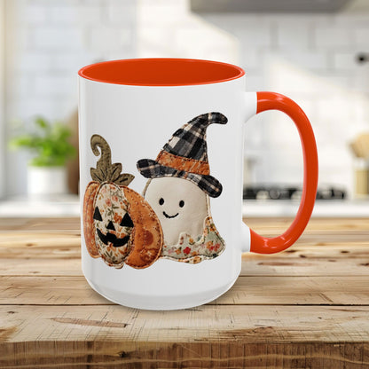 Patchwork Halloween Ghost & Jack-O'-Lantern Mug (11oz/15oz)