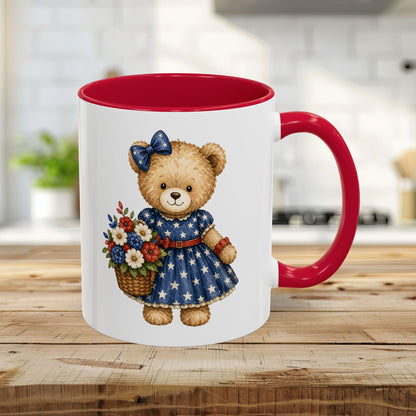 Patriotic Teddy Bear Girl with Floral Basket Mug (11/15oz)