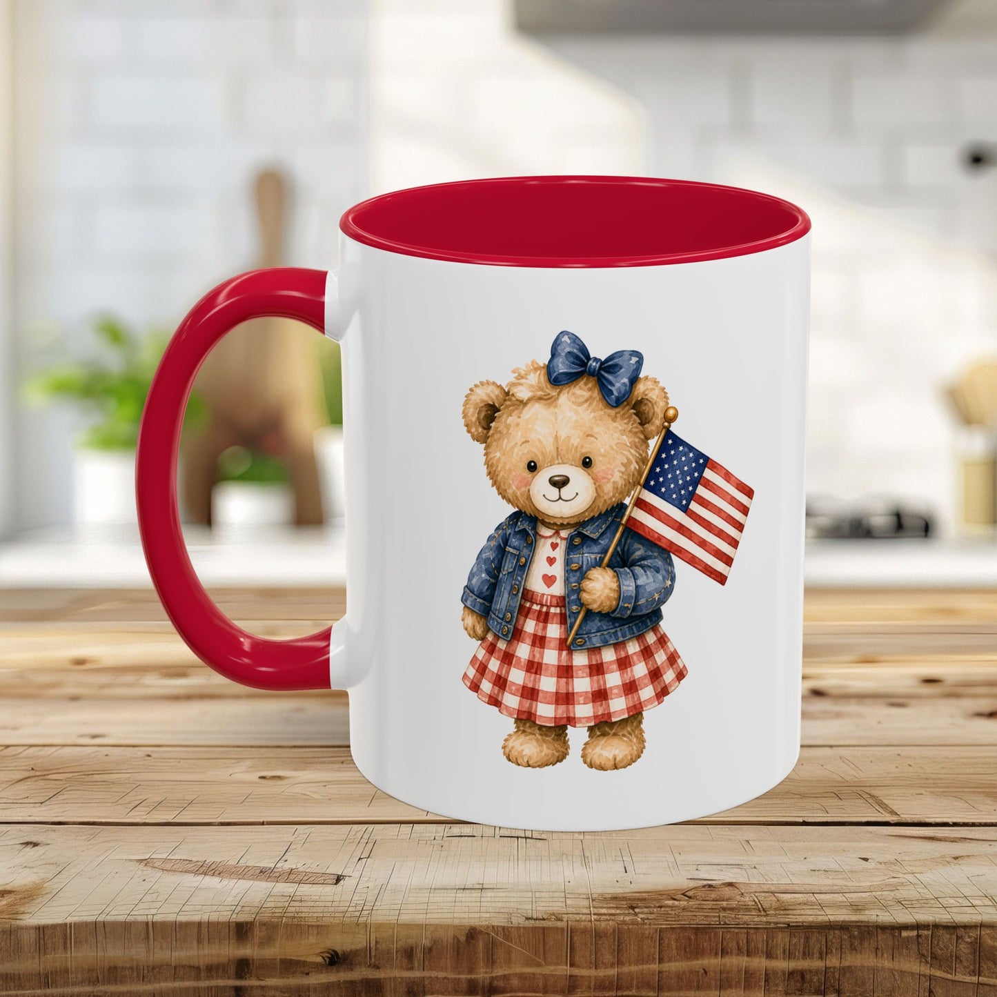 Patriotic Teddy Bear Girl with Gingham Dress (11/15oz)