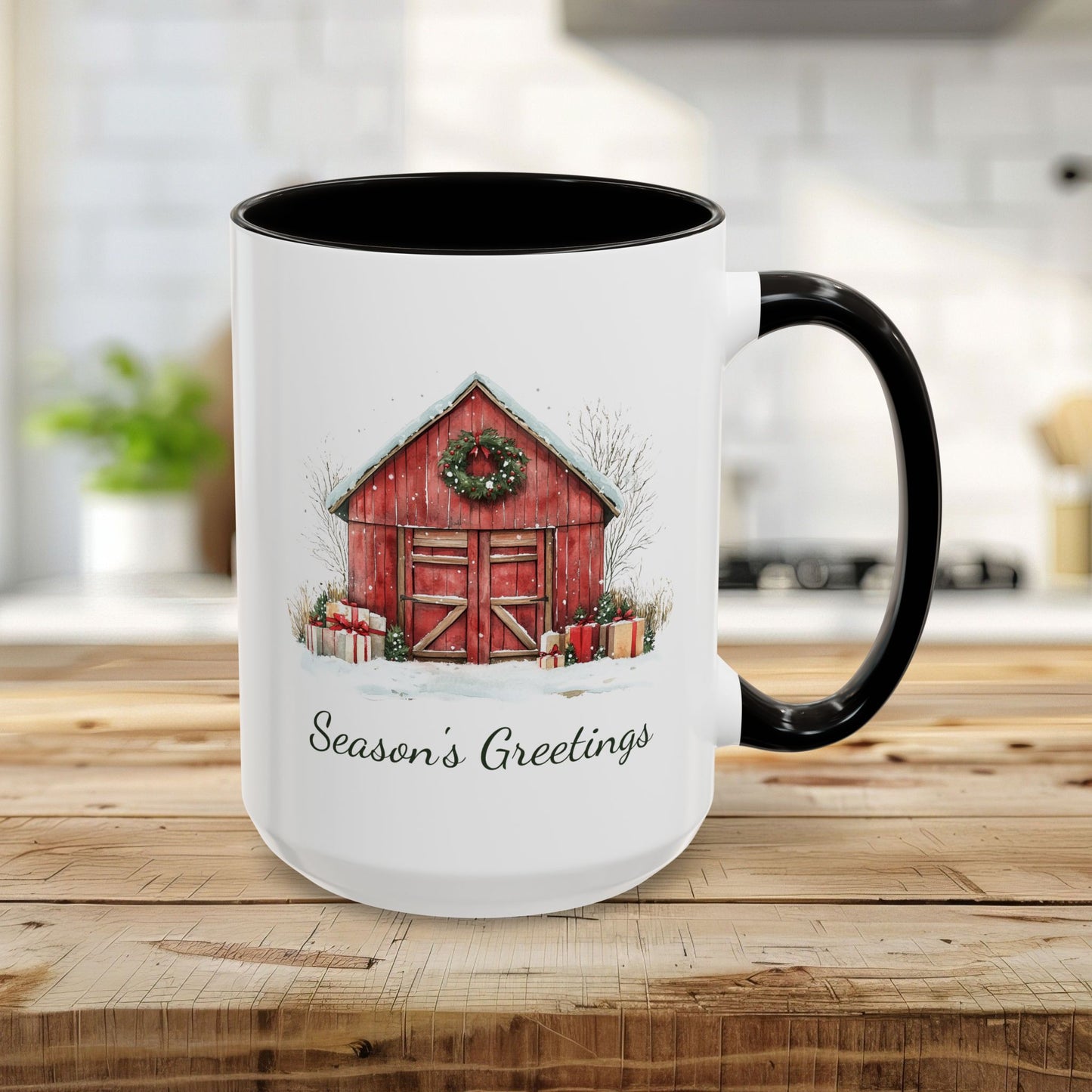 Snowy Christmas Red Barn with Gifts Mug (11/15oz)