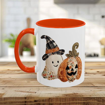 Patchwork Halloween Ghost & Jack-O'-Lantern Mug (11oz/15oz)