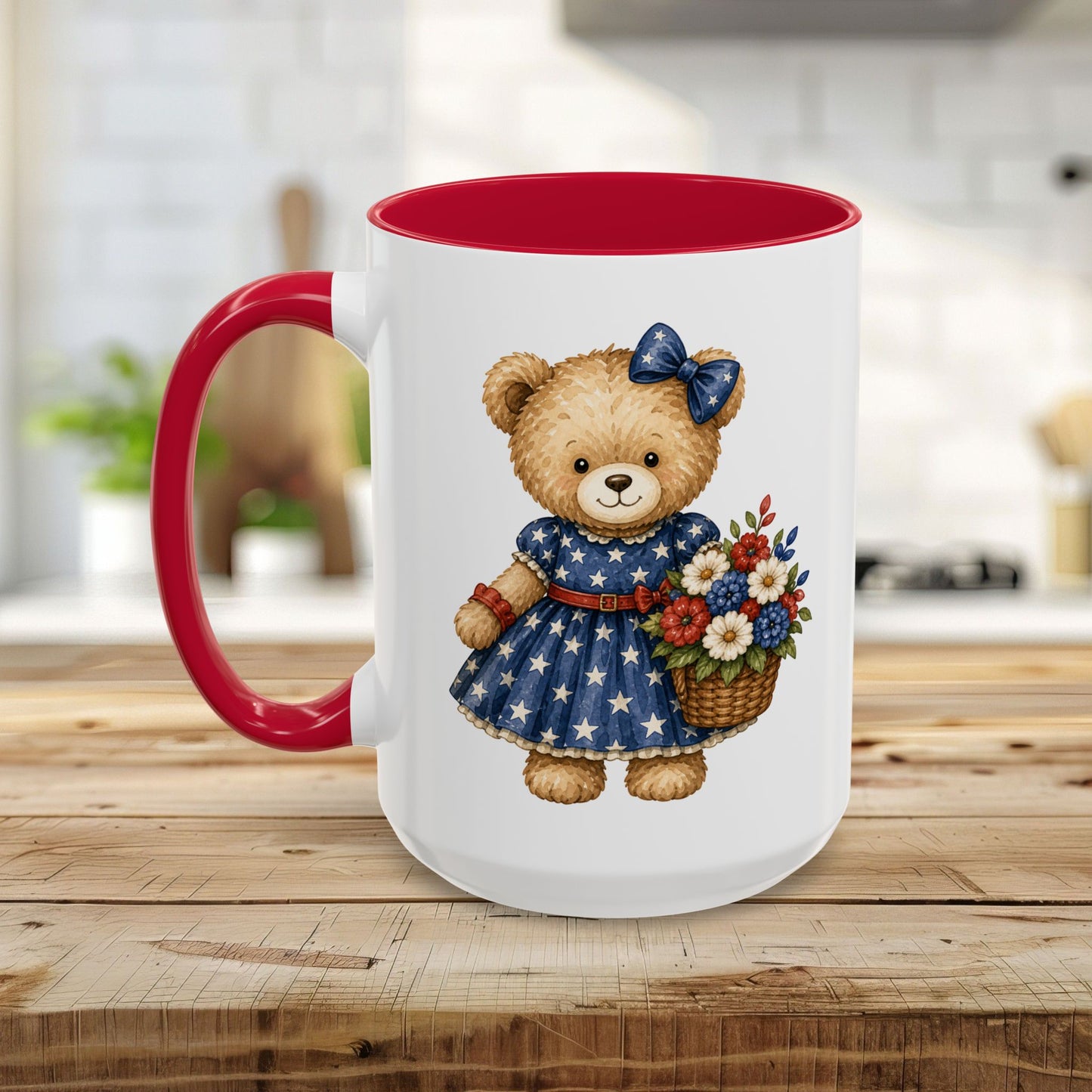 Patriotic Teddy Bear Girl with Floral Basket Mug (11/15oz)