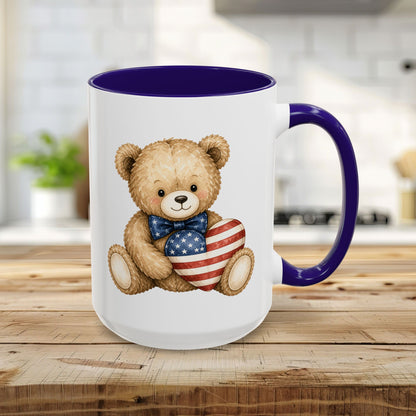 Patriotic Teddy Bear with American Flag Heart Mug (11/15oz)