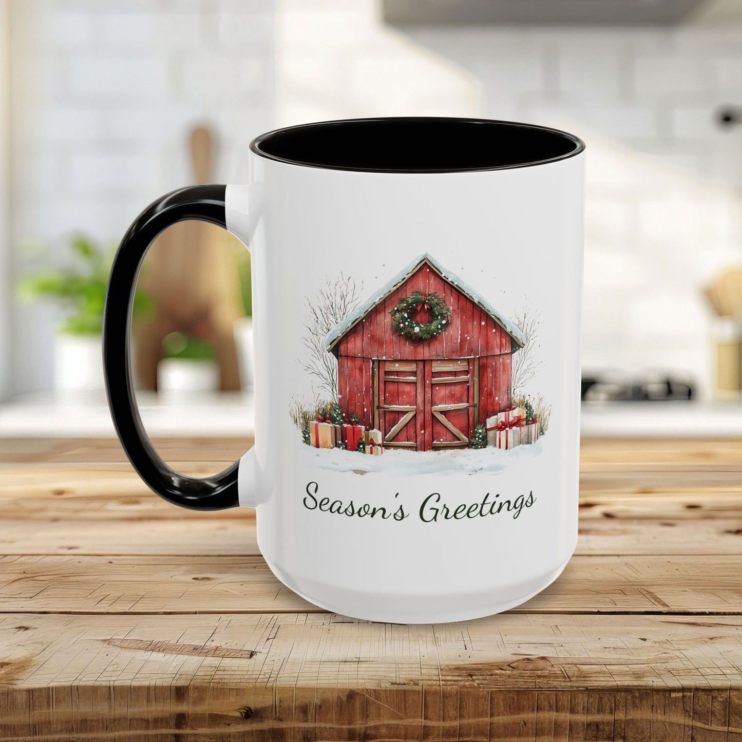 Snowy Christmas Red Barn with Gifts Mug (11/15oz)