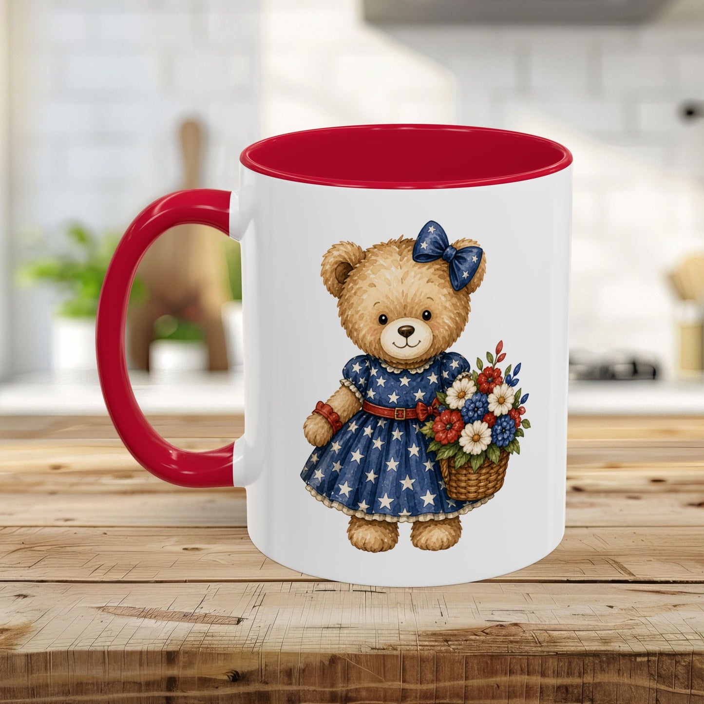 Patriotic Teddy Bear Girl with Floral Basket Mug (11/15oz)