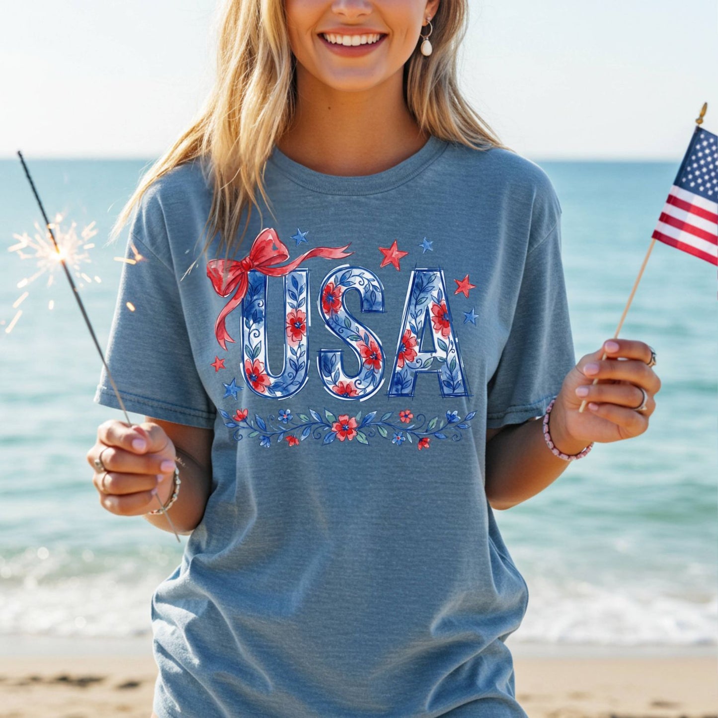 USA Floral Patriotic Bows & Stars T-Shirt