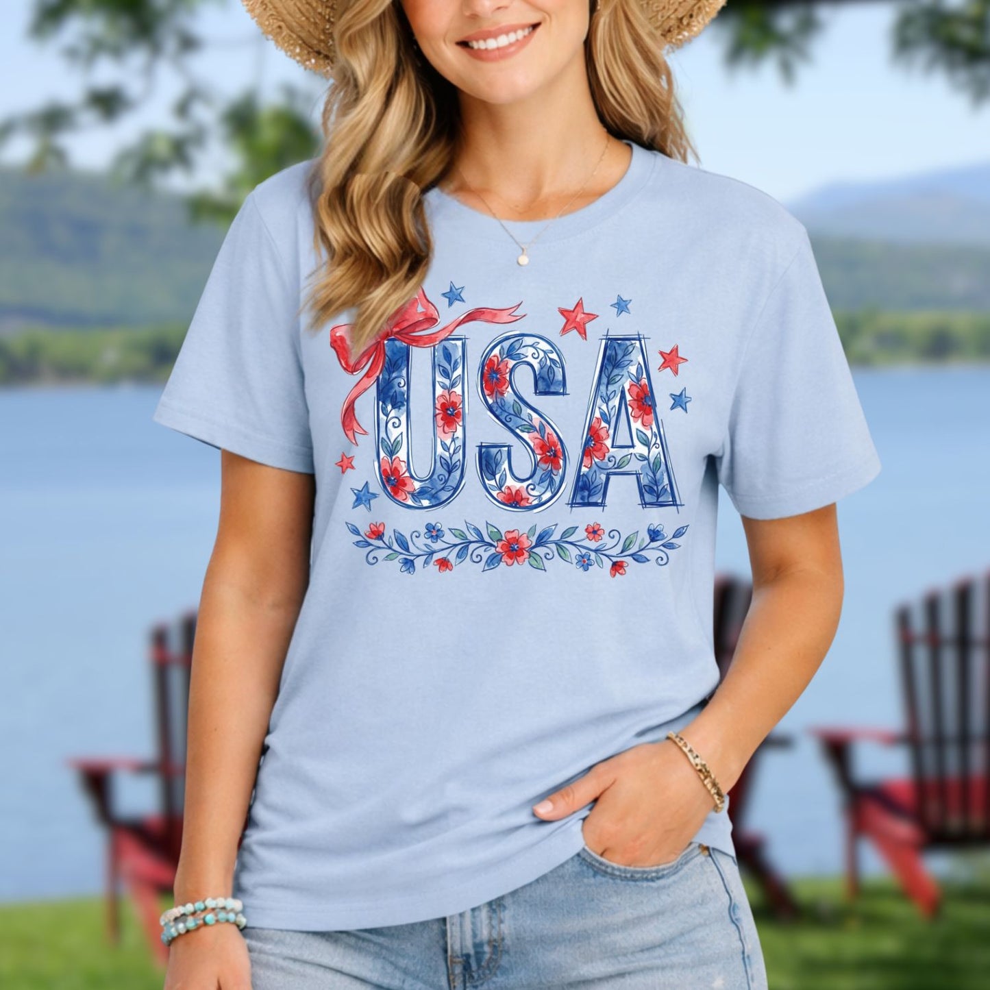 USA Floral Patriotic Bows & Stars T-Shirt