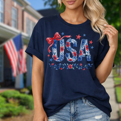 USA Floral Patriotic Bows & Stars T-Shirt