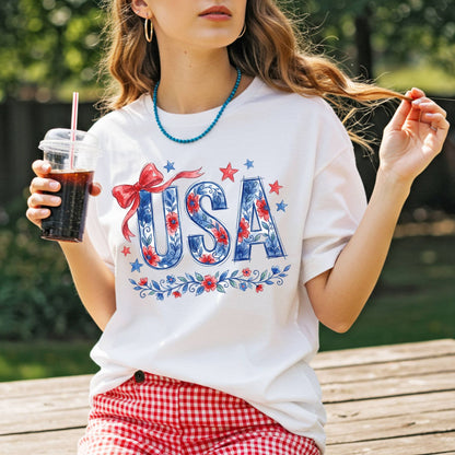 USA Floral Patriotic Bows & Stars T-Shirt