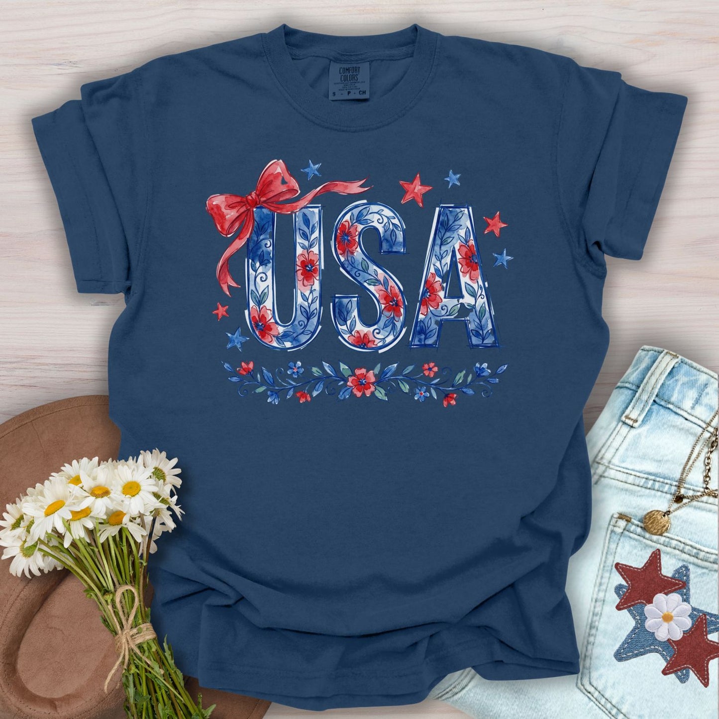 USA Floral Patriotic Bows & Stars T-Shirt
