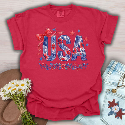 USA Floral Patriotic Bows & Stars T-Shirt