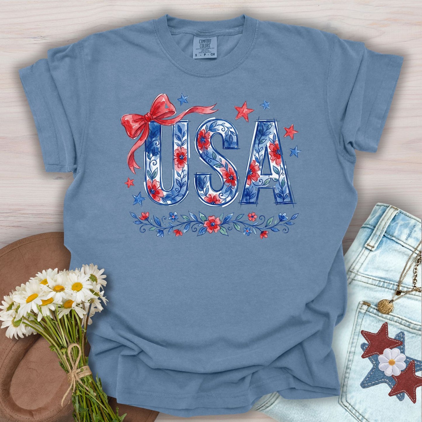 USA Floral Patriotic Bows & Stars T-Shirt