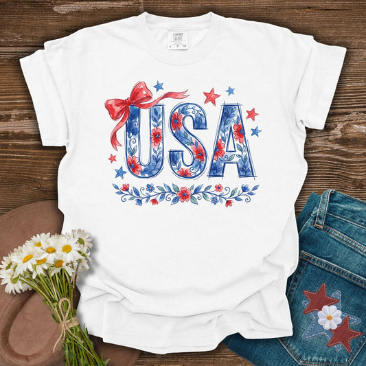 USA Floral Patriotic Bows & Stars T-Shirt